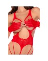 Body en résille rouge, seins nus avec gants assortis - Mapalé