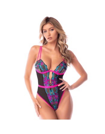 Body bleu et rose en maille transparente brodée avec sequins – Mapalé