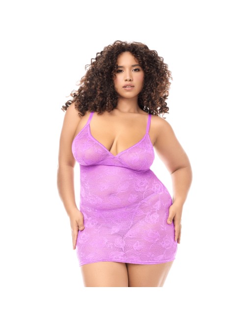 Babydoll grande taille dentelle violette et string 