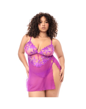 Babydoll grande taille en résille brodée florale et string 