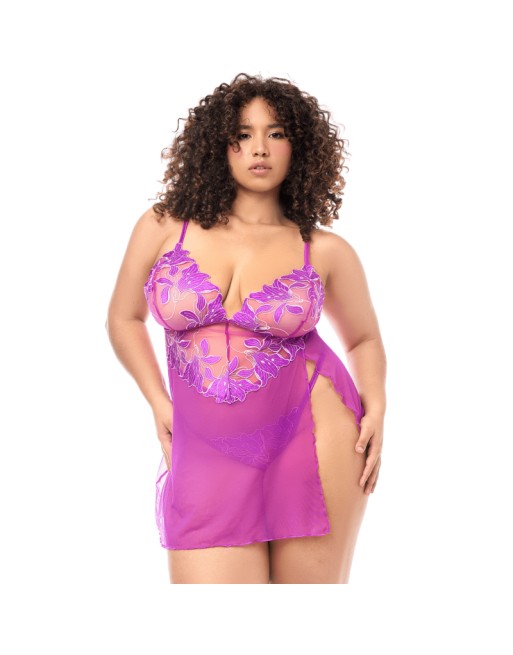 Babydoll grande taille en résille brodée florale et string 
