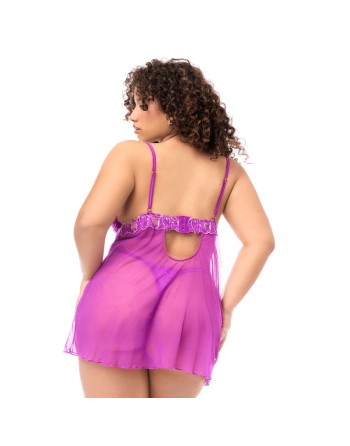 Babydoll grande taille en résille brodée florale et string 