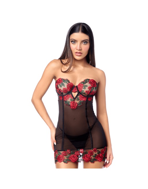 Babydoll sexy à armatures Mapalé broderie roses et string 