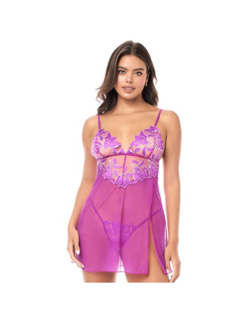 Babydoll sexy en résille brodée florale et string 