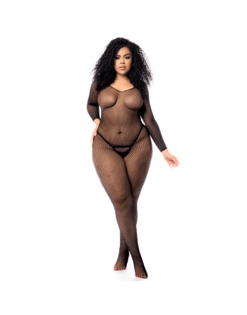 Combinaison grande taille manches longues en résille noire 