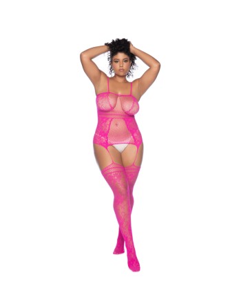 Combinaison grande taille en résille rose 