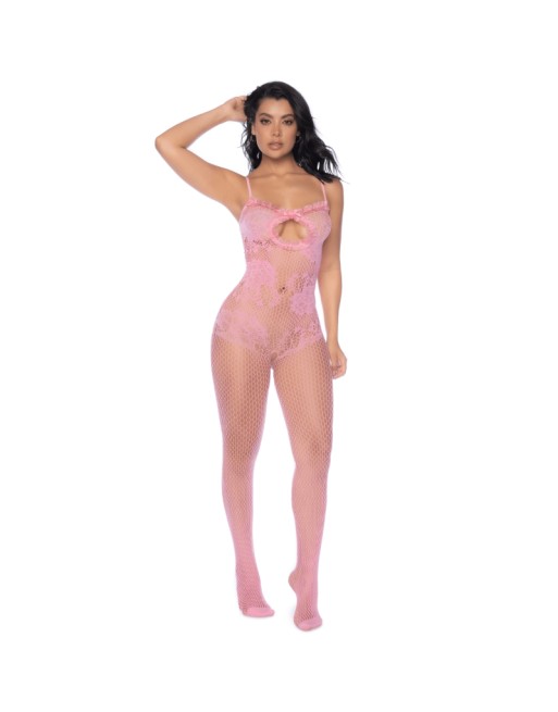 Combinaison en résille rose ajourée 