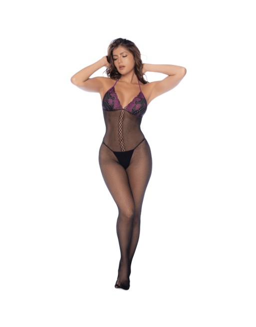 Combinaison en résille et dentelle noire et violette 