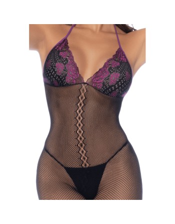 Combinaison en résille et dentelle noire et violette 