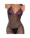 Combinaison en résille et dentelle noire et violette 
