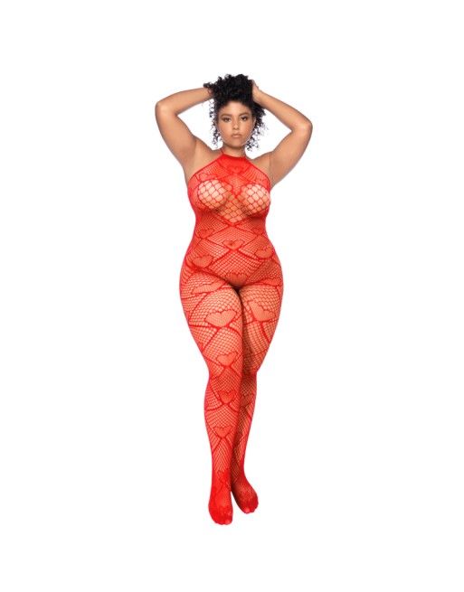 Bodystocking grande taille en résille rouge à motif cœur, orné de strass, ouvert à l’entrejambe - Mapalé