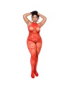 Bodystocking grande taille en résille rouge à motif cœur, orné de strass, ouvert à l’entrejambe - Mapalé