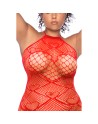 Bodystocking grande taille en résille rouge à motif cœur, orné de strass, ouvert à l’entrejambe - Mapalé