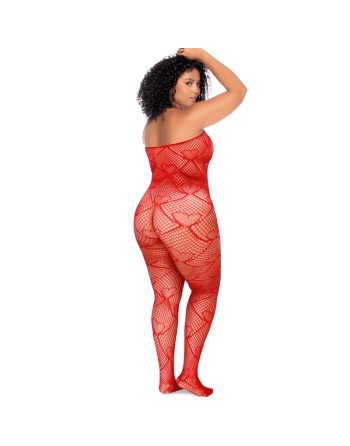 Bodystocking grande taille en résille rouge à motif cœur, orné de strass, ouvert à l’entrejambe - Mapalé