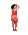 Bodystocking grande taille en résille rouge à motif cœur, orné de strass, ouvert à l’entrejambe - Mapalé
