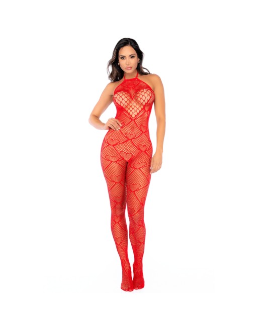 Bodystocking en résille rouge à motif cœur, orné de strass, ouvert à l’entrejambe - Mapalé