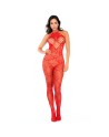 Bodystocking en résille rouge à motif cœur, orné de strass, ouvert à l’entrejambe - Mapalé