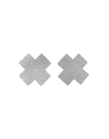 Paire de cache tétons adhésifs croix pailletée blanc 