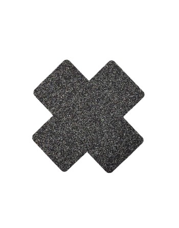 Paire de cache tétons adhésifs croix pailletée noir 