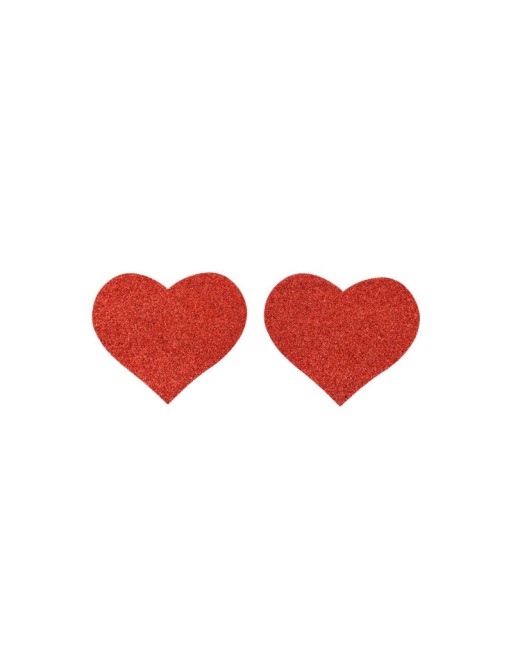 Paire de cache tétons adhésifs coeur pailleté rouge 