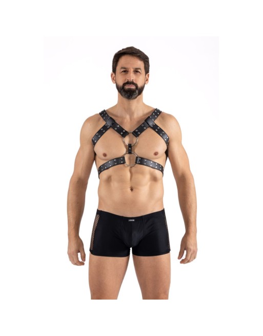 Harnais homme simili cuir avec sangles reliées par de larges anneaux 