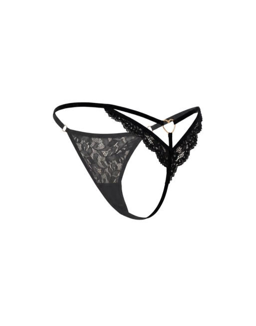 String noir en dentelle avec bijou cœur doré