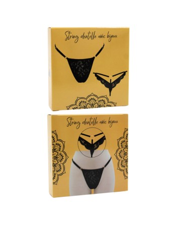 String noir en dentelle avec bijou cœur doré