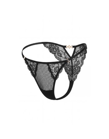 Tanga noir en dentelle avec bijou losanges dorés