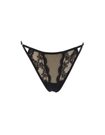 Tanga noir en dentelle avec bijou losanges dorés