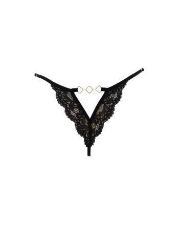 Tanga noir en dentelle avec bijou losanges dorés