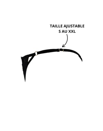 Tanga noir en dentelle avec bijou losanges dorés