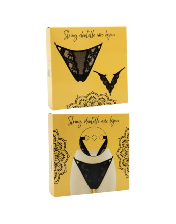 Tanga noir en dentelle avec bijou losanges dorés