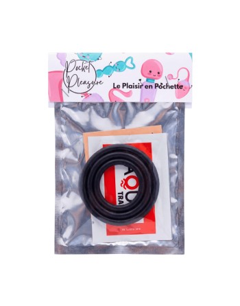 Trio d'Anneaux Péniens Silicone Noir Pocket Pleasure  1 dosette de lubrifiant