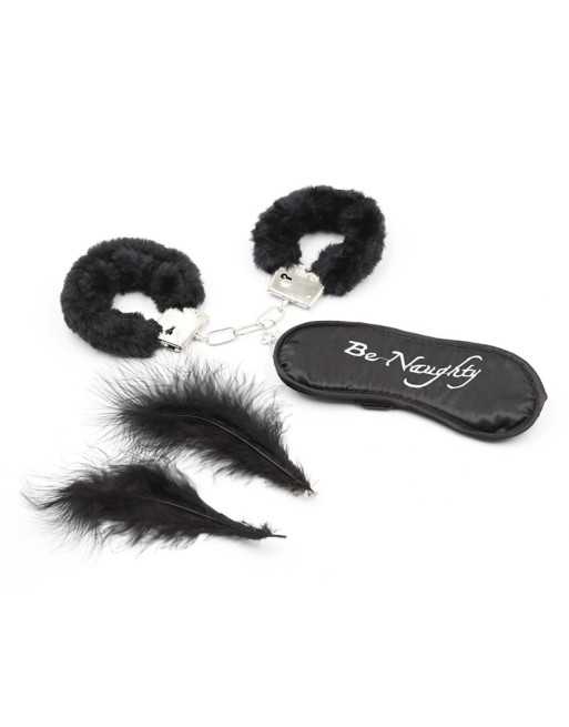 Kit coquin 4 pièces : Menottes, 1 plume et masque