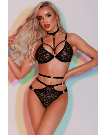 Ensemble soutien-gorge, culotte et ceinture noir - J Lingerie
